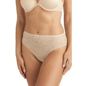 TC Fine Intimates Women Warm Beige Sheer Lace Hi-Cut Brief Panties Size L